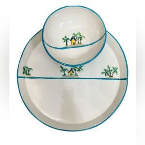 Hand crafted serving plate and bowl tropical graphic design spring Summer party